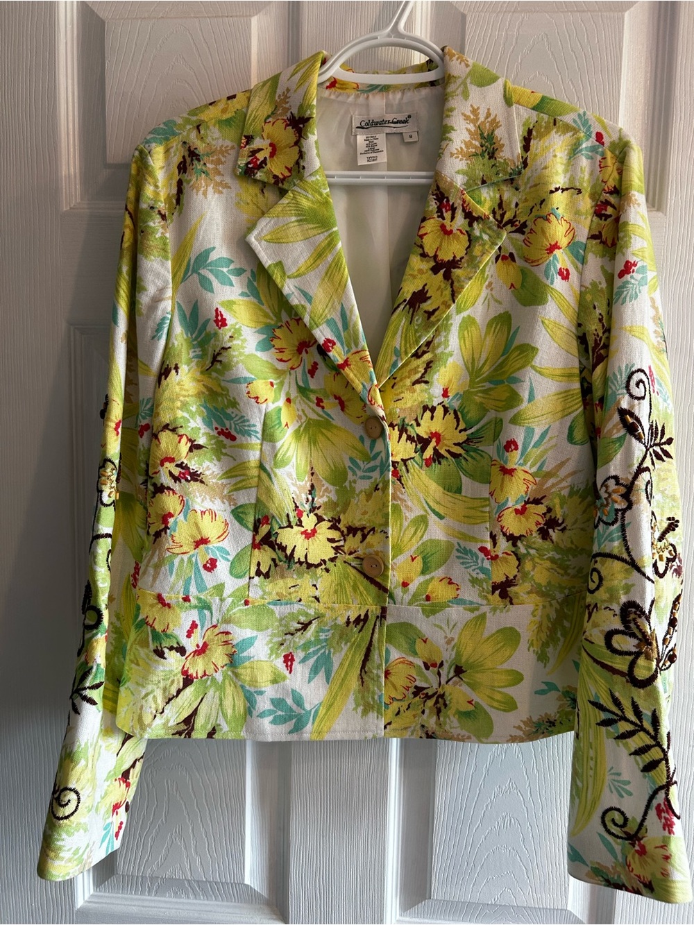 Coldwater Creek Yellow Floral Linen-Blend Blazer with Aqua and Green Accents